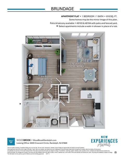Apartment floor plan for a 1 bedroom apartment.